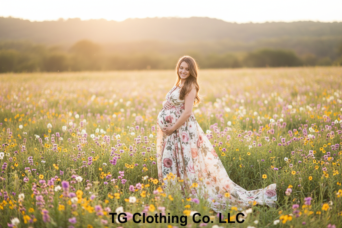Pregnant woman in floral maternity outfit standing in wildflower field at golden hour — TG Clothing Co. LLC baby names hope light new life