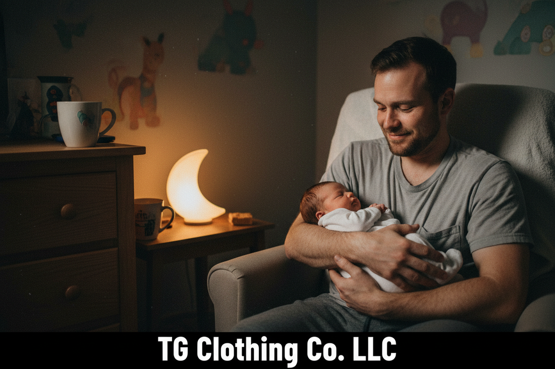 Tired loving dad holding newborn baby at 3am in dimly lit nursery — TG Clothing Co. LLC new parenthood support