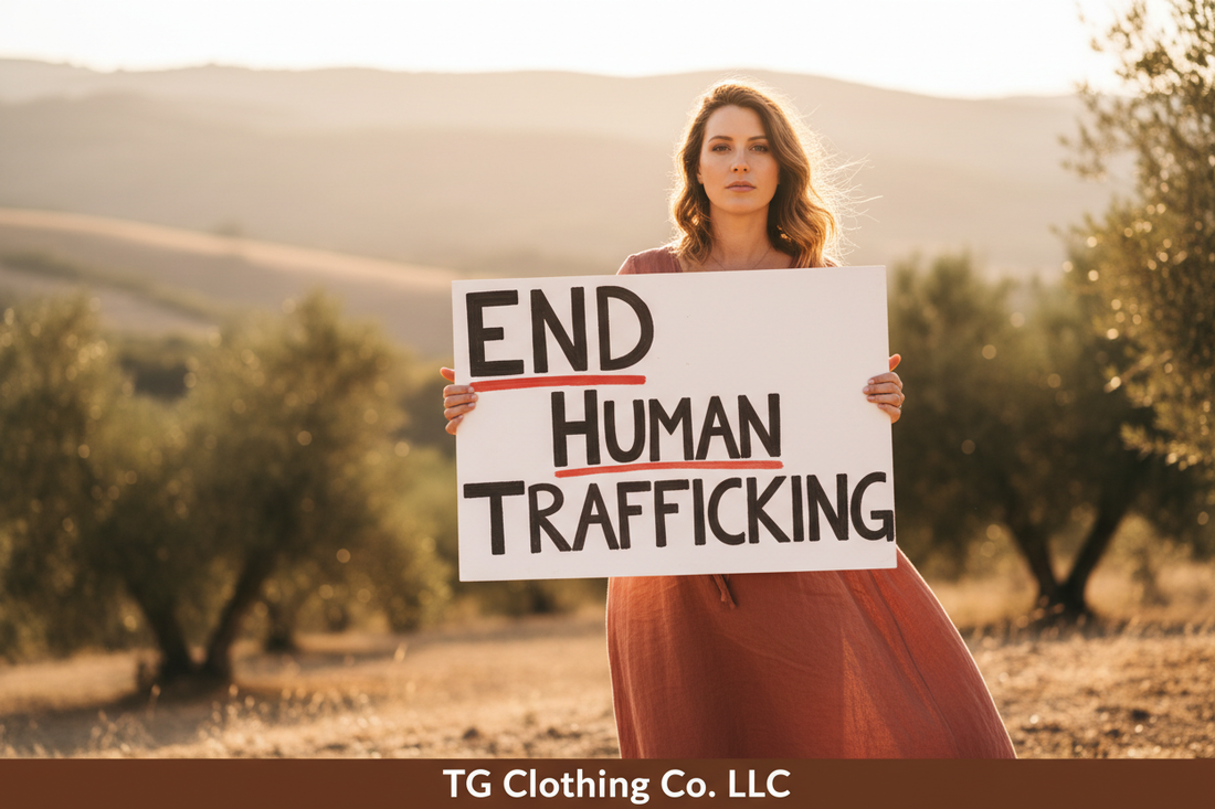 Pregnant woman holding End Human Trafficking sign — TG Clothing Co. LLC mission-driven maternity boutique