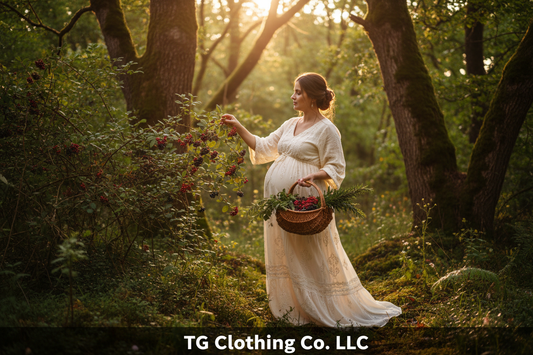 Pregnant woman foraging wild berries and herbs in forest wearing flowy maternity dress — TG Clothing Co. LLC pregnancy nutrition