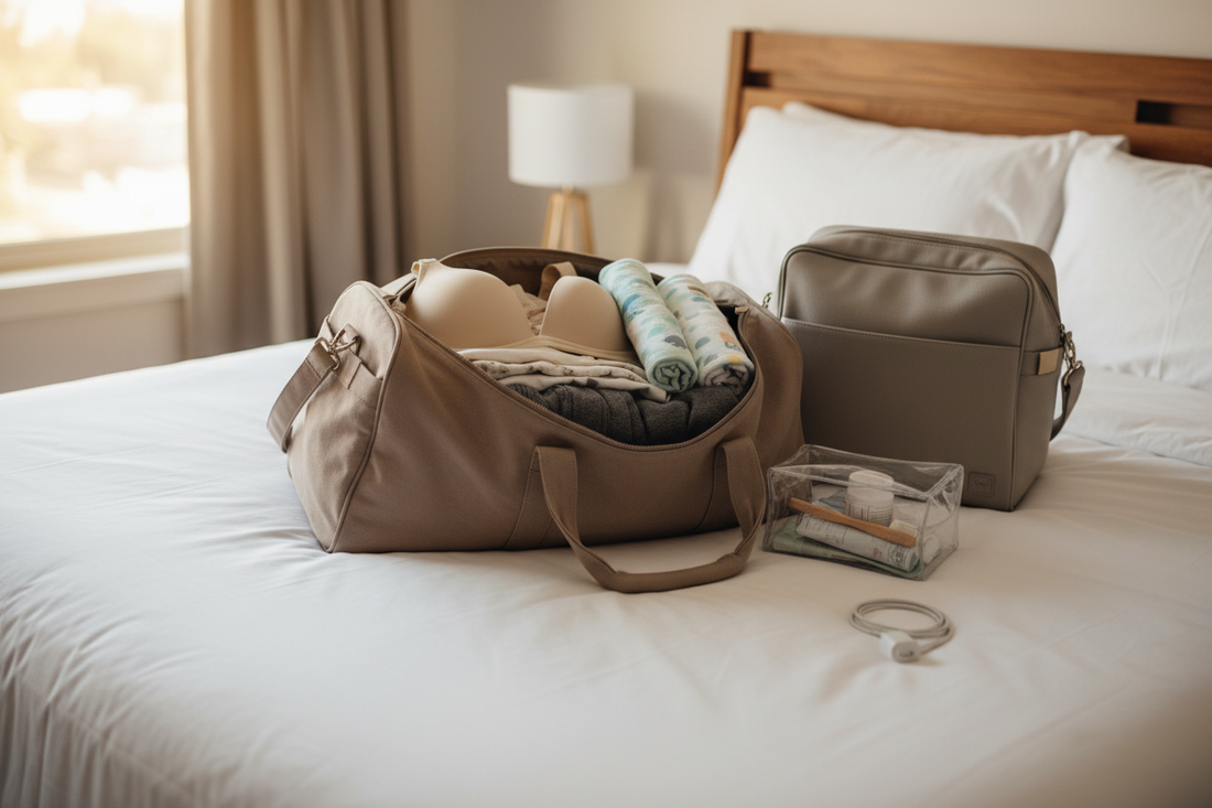 A neatly packed hospital bag with maternity essentials including a nursing bra, swaddle blankets, and a diaper bag — TG Clothing Co.