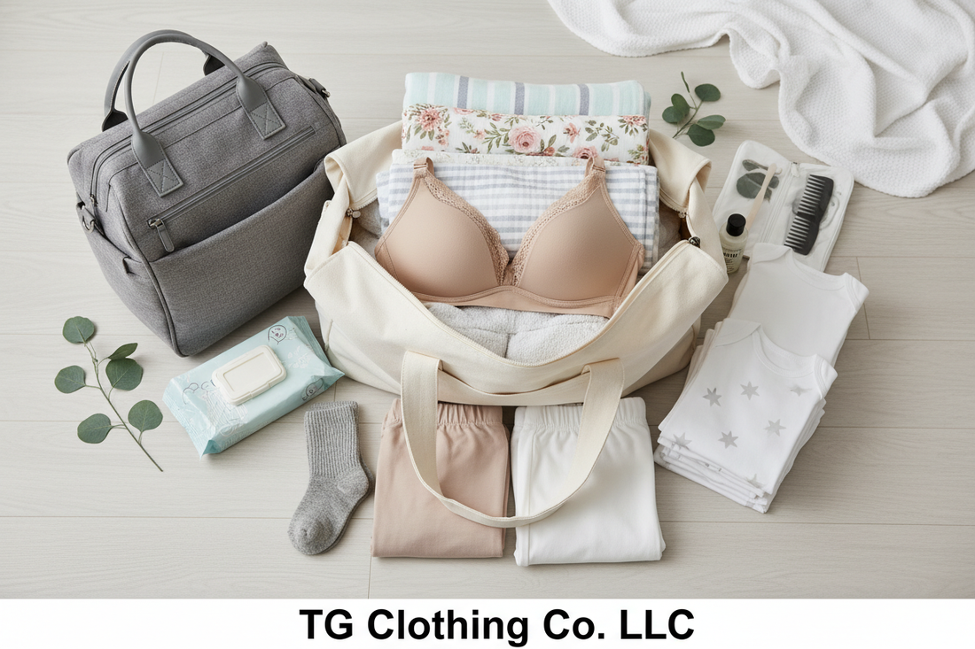 Neatly packed hospital bag with maternity essentials including swaddle blankets and diaper bag — TG Clothing Co. LLC hospital bag checklist