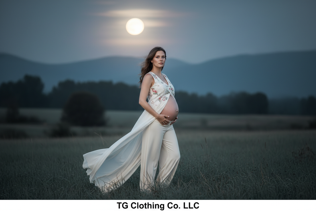 Pregnant woman in cream wide-leg maternity pants and white floral vest top in soft moonlight — TG Clothing Co. LLC Layla maternity style