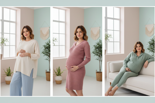A beautiful pregnant woman in stylish maternity outfits for every trimester — TG Clothing Co. maternity clothing boutique.