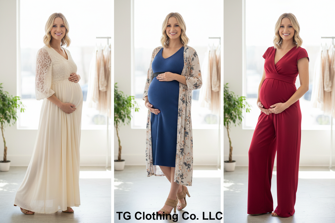 Beautiful pregnant woman in stylish maternity outfits for every trimester — TG Clothing Co. LLC maternity clothing boutique