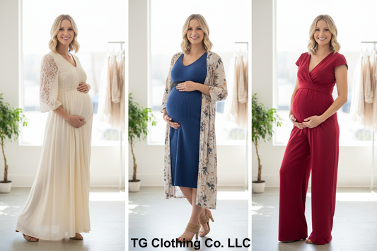 Beautiful pregnant woman in stylish maternity outfits for every trimester — TG Clothing Co. LLC maternity clothing boutique