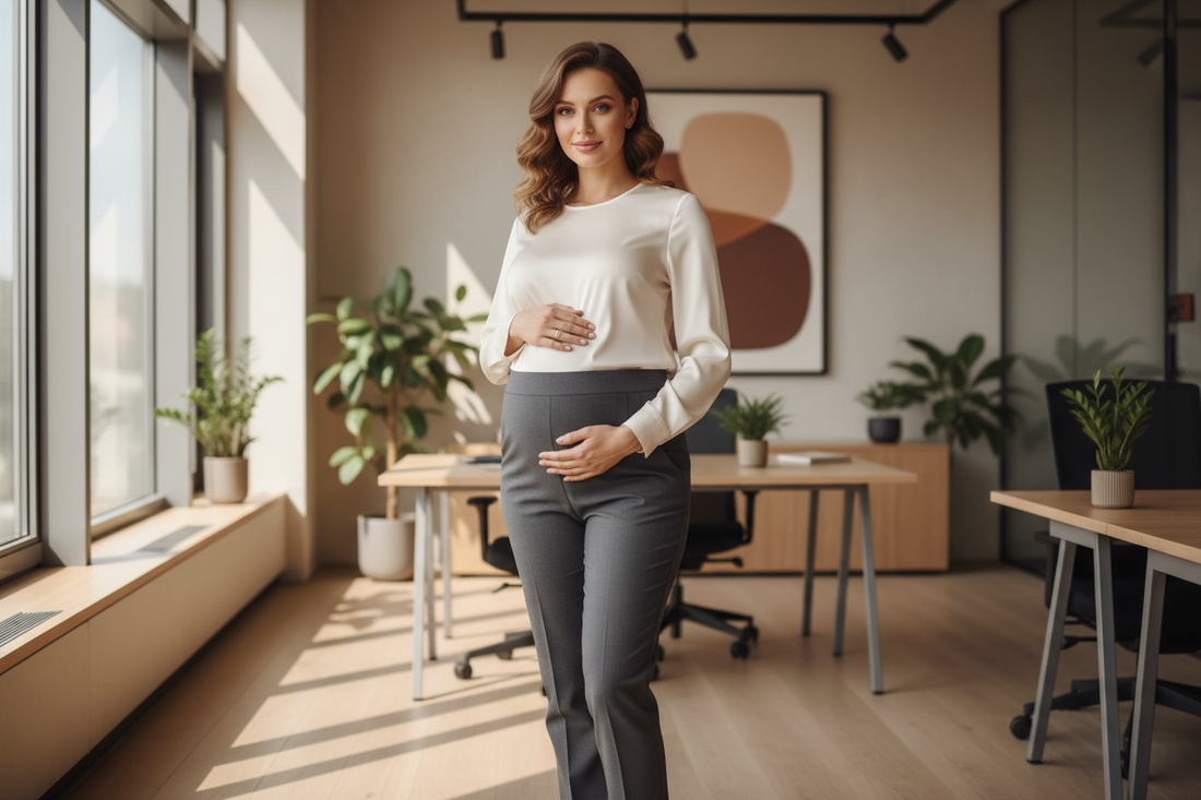 "A stylish pregnant woman in professional maternity work pants in a modern office — TG Clothing Co. maternity boutique.