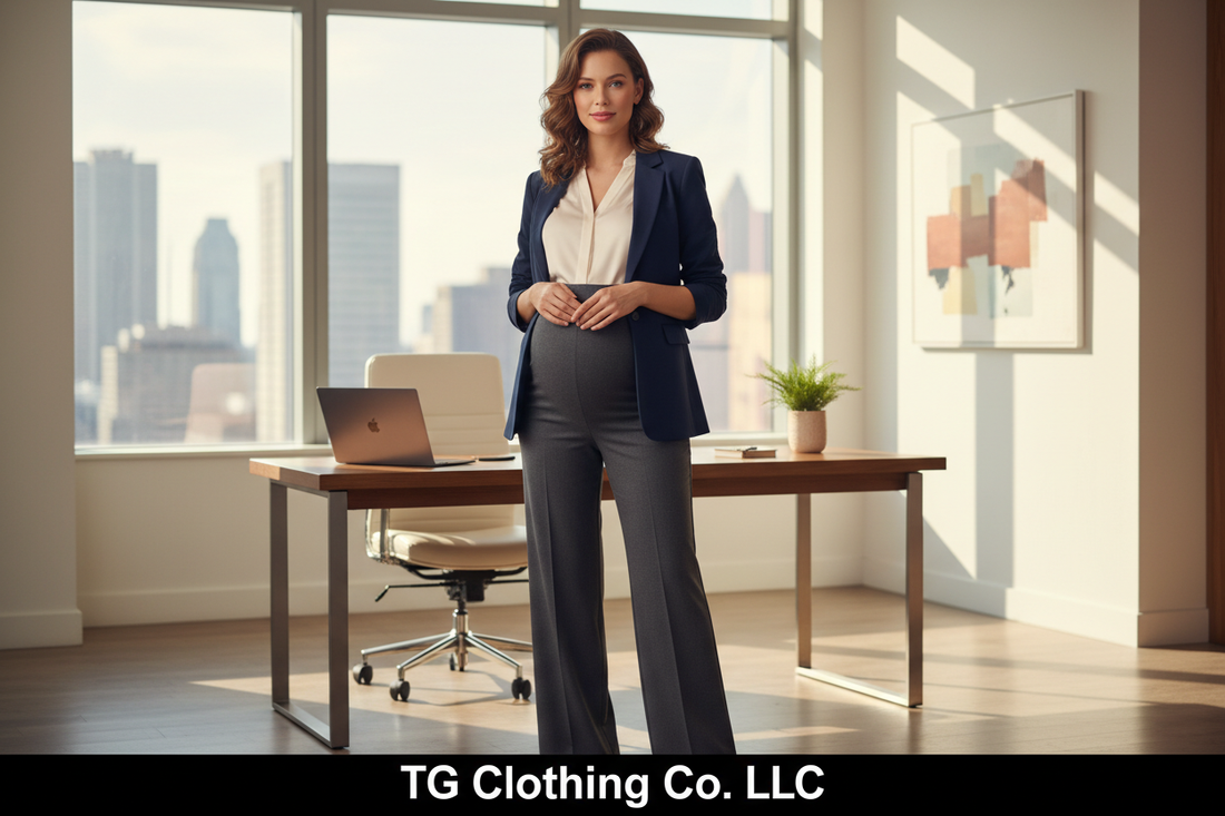 Stylish pregnant woman in professional maternity work pants in modern office — TG Clothing Co. LLC best maternity pants 2026