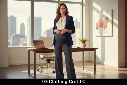 Stylish pregnant woman in professional maternity work pants in modern office — TG Clothing Co. LLC best maternity pants 2026