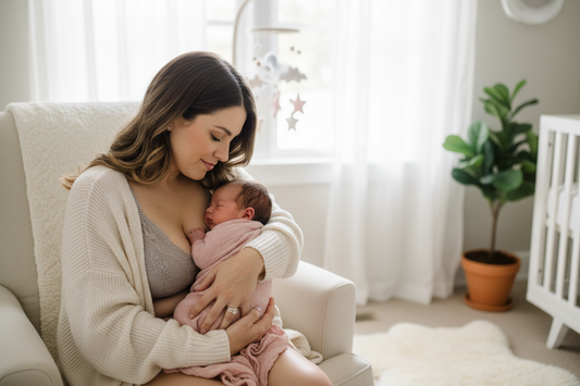 A new mom in a cozy nursery wearing a nursing bra while cradling her newborn — TG Clothing Co. maternity and baby boutique.