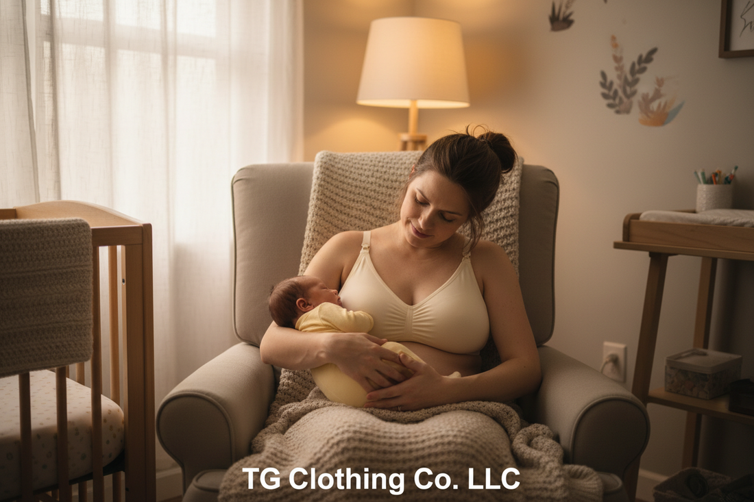 New mom in cozy nursery wearing nursing bra while cradling newborn baby — TG Clothing Co. LLC nursing bra guide