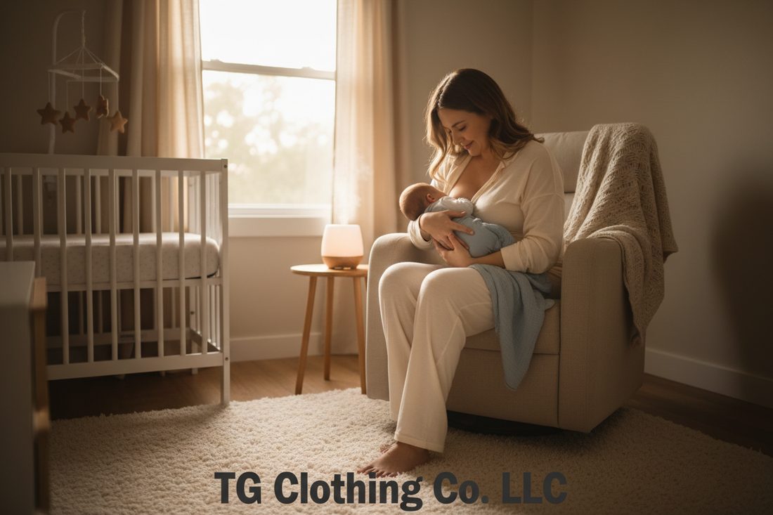 Peaceful new mom in soft postpartum pajamas nursing newborn in warmly lit nursery — TG Clothing Co. LLC postpartum recovery