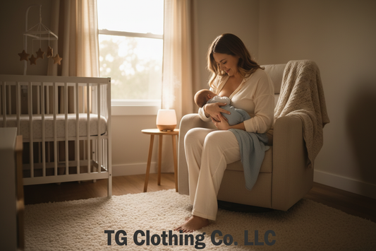 Peaceful new mom in soft postpartum pajamas nursing newborn in warmly lit nursery — TG Clothing Co. LLC postpartum recovery