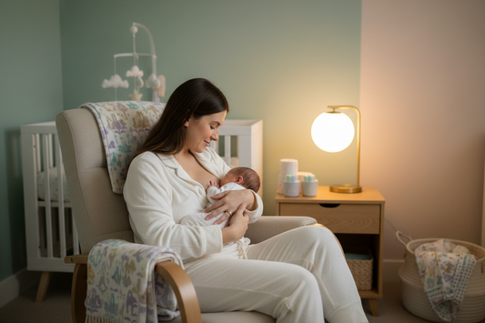 A peaceful new mom in soft postpartum pajamas nursing her newborn in a warmly lit nursery — TG Clothing Co. maternity boutique.