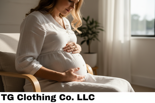 Pregnant woman with hand on belly showing pregnancy rash awareness — TG Clothing Co. LLC maternity health guide