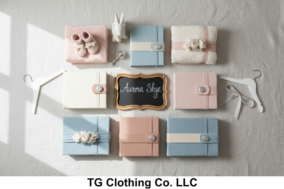 Flat lay of baby name books and chalkboard with nursery items — TG Clothing Co. LLC baby name maternity boutique