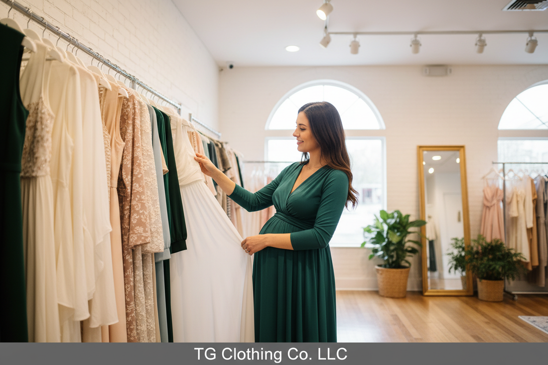 Pregnant woman browsing maternity clothing boutique rack — TG Clothing Co. LLC unique baby name styles