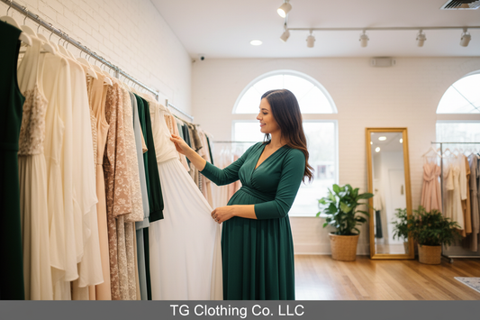 Pregnant woman browsing maternity clothing boutique rack — TG Clothing Co. LLC unique baby name styles