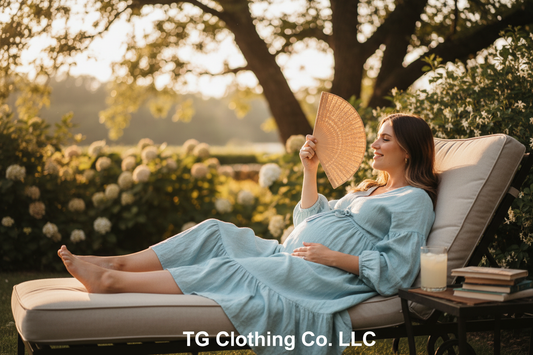 Pregnant woman in flowy maternity dress relaxing outdoors in summer heat — TG Clothing Co. LLC pregnancy survival tips