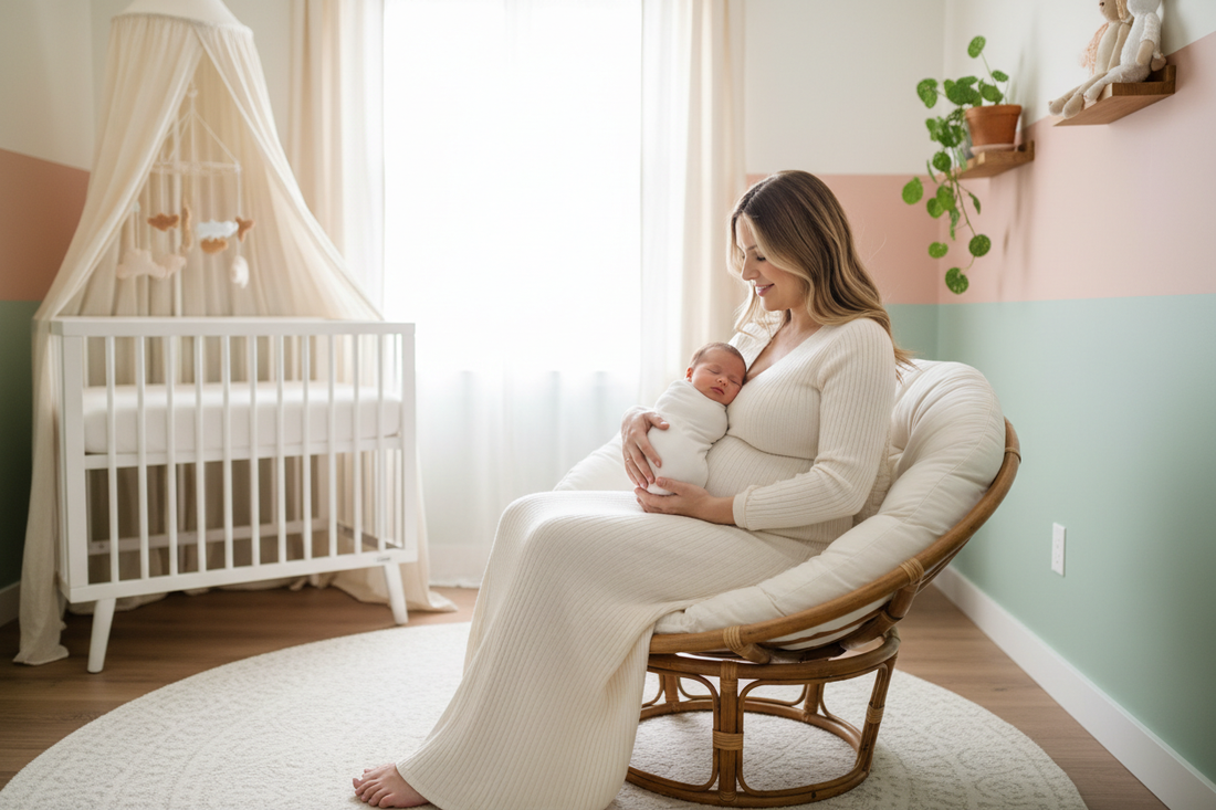 A glowing mom in elegant maternity clothing holding her newborn baby wrapped in a soft white swaddle in a bright, cozy nursery — TG Clothing Co. maternity and baby boutique.
