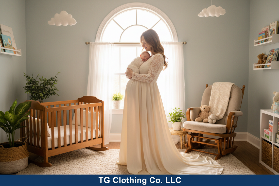 Glowing mom in elegant maternity clothing holding newborn in soft white swaddle in cozy nursery — TG Clothing Co. LLC maternity boutique