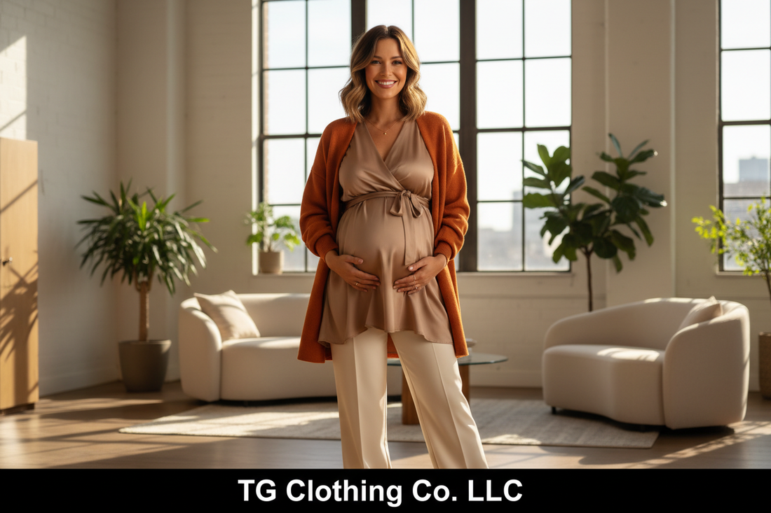 Stylish pregnant woman in chic maternity outfit showing baby bump — TG Clothing Co. LLC trimester style guide