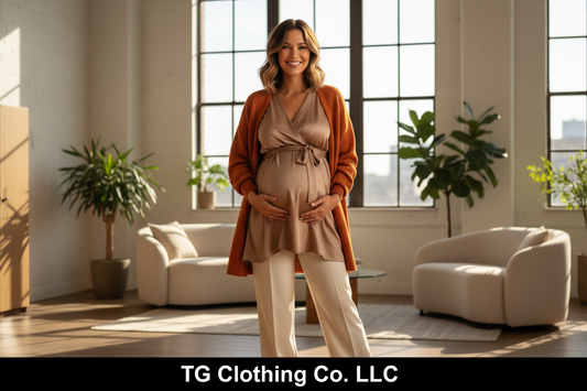 Stylish pregnant woman in chic maternity outfit showing baby bump — TG Clothing Co. LLC trimester style guide