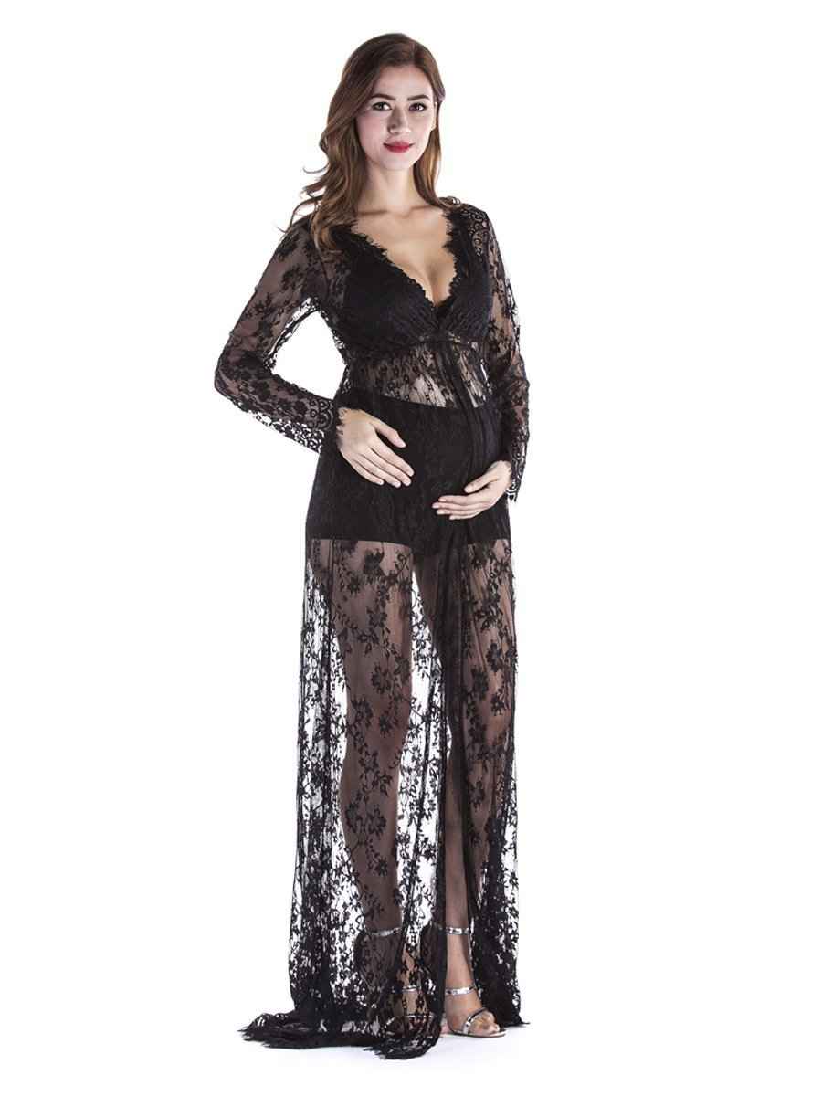 Sable's Long Sleeve Lace Maternity Maxi Dress – Black & White, S–2XL