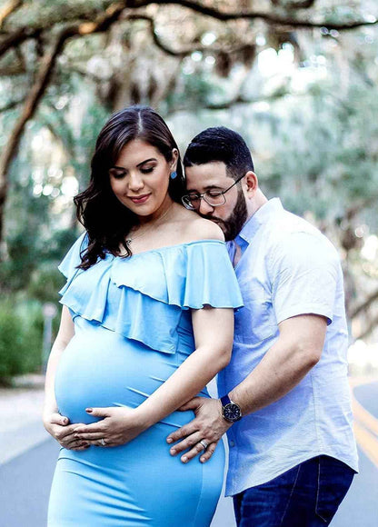 Aurelia's Ruffled Neck Trailing Dress | Maternity Dress, baby shower dress - view 2 | TG Clothing Co. LLC