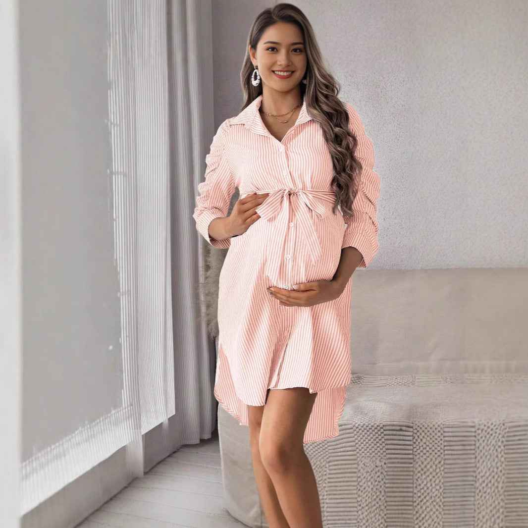 Phoebe's Striped Lapel Button Maternity Dress — Image 3 | TG Clothing Co. LLC